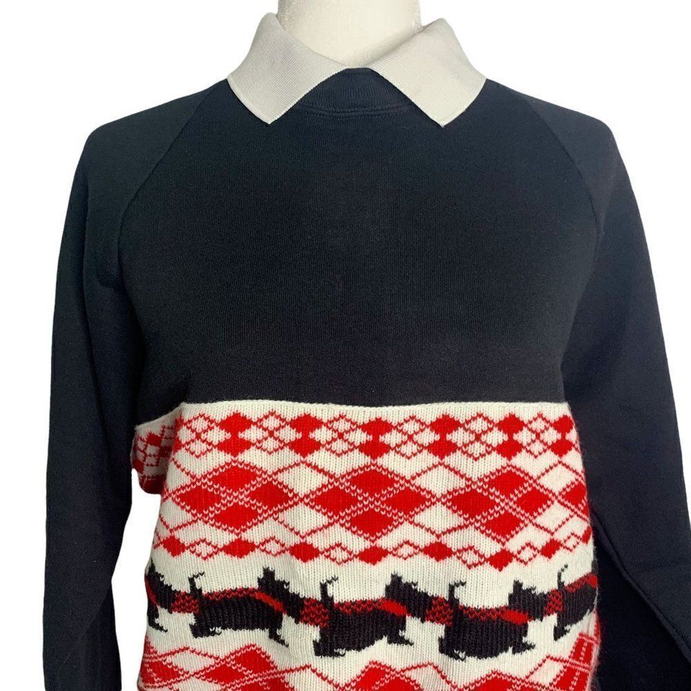 Vintage Fleece Pullover Sweatshirt L Black Argyle Knit Scottish Terrier Collar